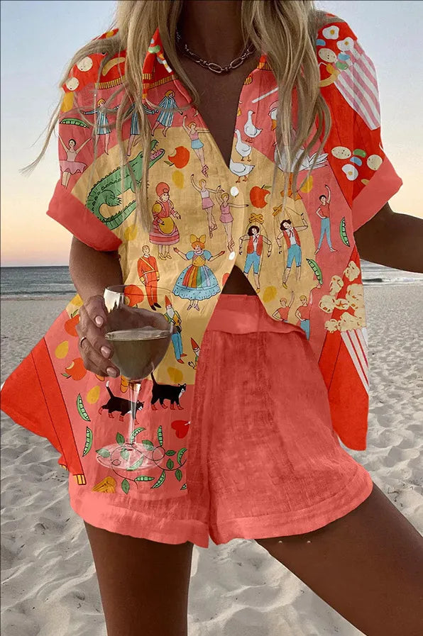 Paloma | Folk Art Print Beach Shirt & Shorts Set
