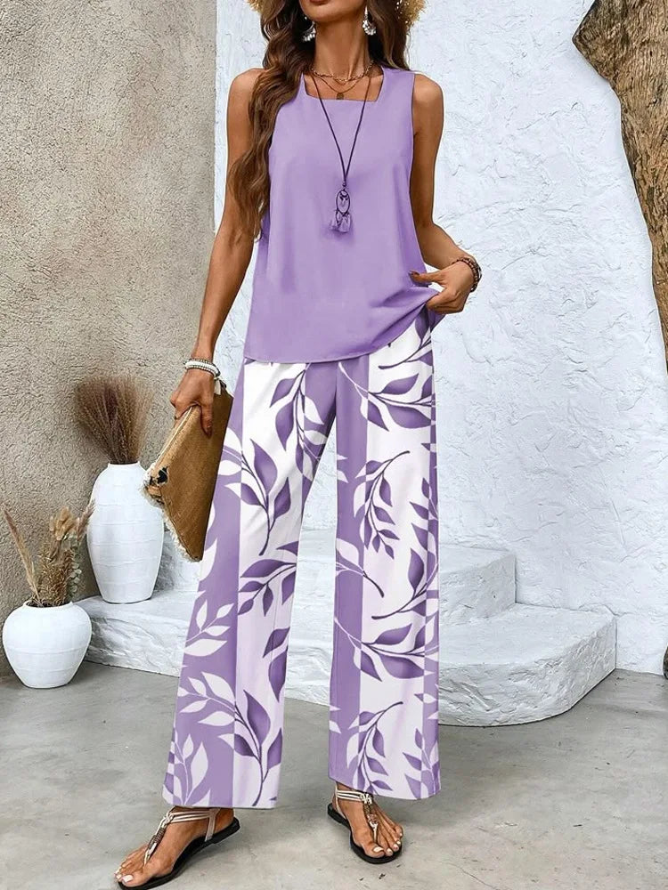 Serena | Leaf Print Top & Trouser Set