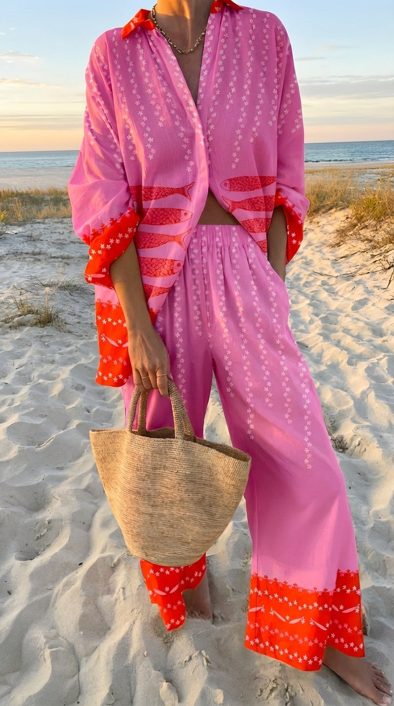Isla | Fish Print Beach Shirt & Shorts Set