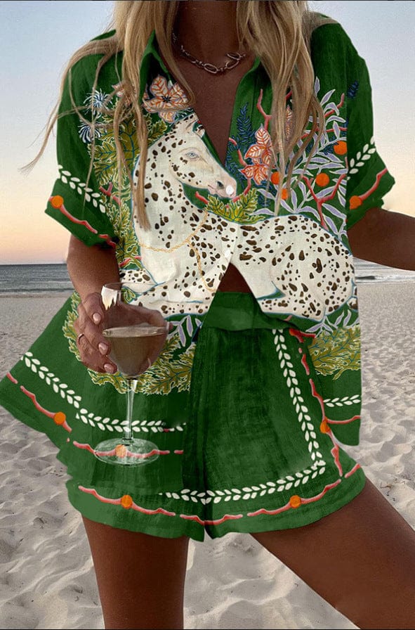 Cielo™ Horse Print Beach Shirt & Shorts Set